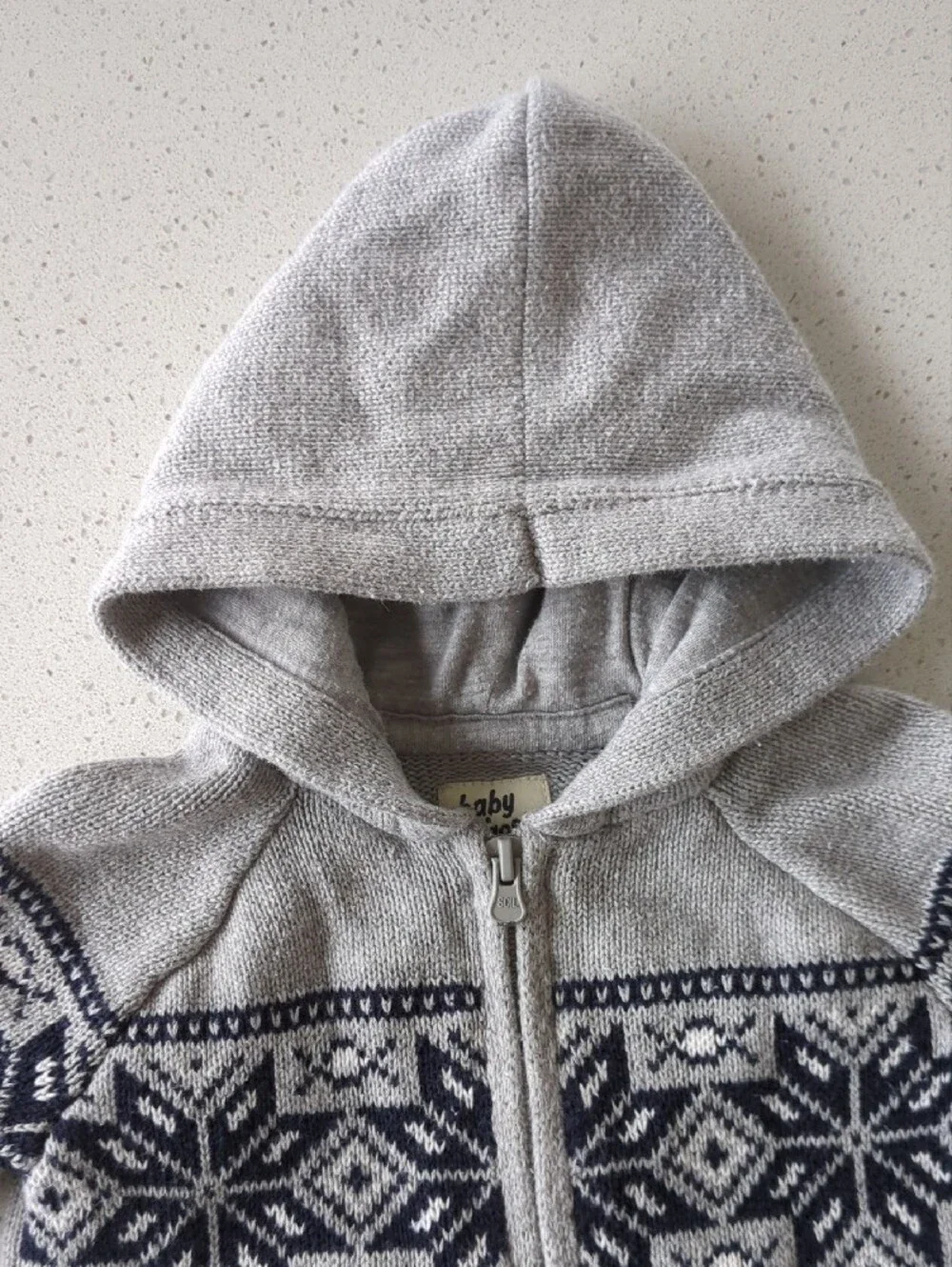 Hooded Knit Baby One-Piece with Nordic Pattern - Light Gray